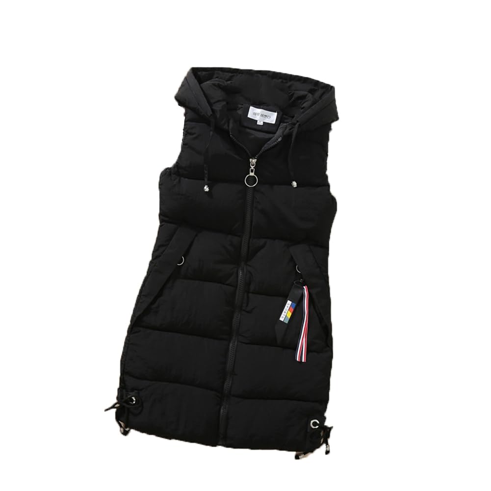 Surwin Women's Black Long Gilet Jacket Hooded, Casual Quilted Vest With Pockets Warmer Zip Up Sleeveless Down Jacket Coat Parka Outwear Waistcoat Winter Wear