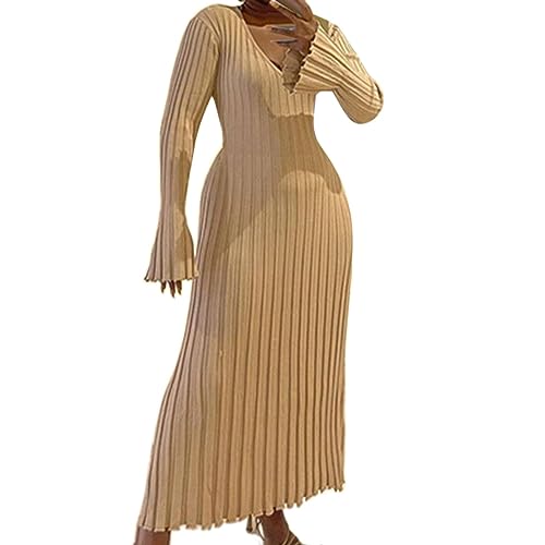 Robe tricotée longue col en V pour femme pour l'automne et l'hiver