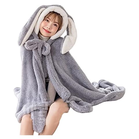 JIAHG Cute Bunny Ear Wearable Hooded Blanket with Hand Gloves for Women Girls 59inch Length Warm Cozy Plush Flannel Hoodie Poncho Throw Cloak Wrap Cape Fluffy Couch Sofa Bed Fleece Blanket Cover