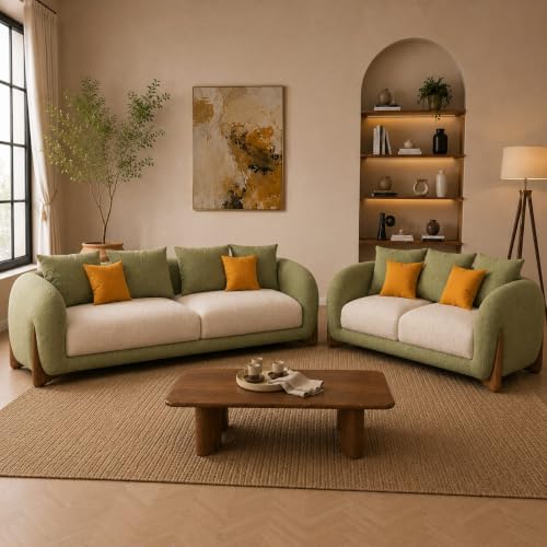 Image of Modern Dual Shade Sofa, Teddy Boucle Fabric, Chesterfield Style, Wooden Legs, for Living Room, Bedroom, Hallways (3+2 Seater, Olive+Off White)