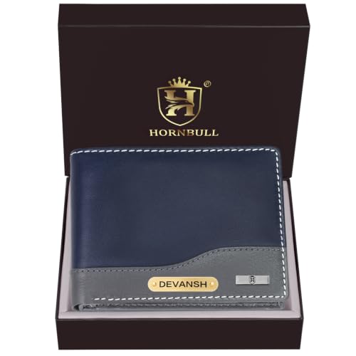 Image of HORNBULL Men's Personalized Wallet I Customized Slim Stylish Leather Purse with Name I Unique Birthday Gift for Men Boy Love Husband (Navy /Gry)