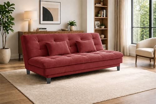 Image of 3-Seater Velvet Sofa Cum Bed, Tufted Convertible Sleeper Couch, Space-Saving Design, Comfortable Cushioned Seating - Red