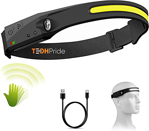 TechPride Headlamp Rechargeable, Wide Beam Head Lamp LED Flashlight, Camping Accessories Gear, Waterproof Head Light Flashlight for Hiking, Running, Repairing, Fishing, Cycling, Reading. (HL-1)