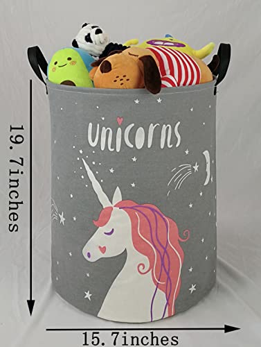 Image of Kids Laundry Hamper Clothes Gift Basket Storage Laundry Baskets Organizer Bin with Handles for Nursery Room (Grey Unicorn)