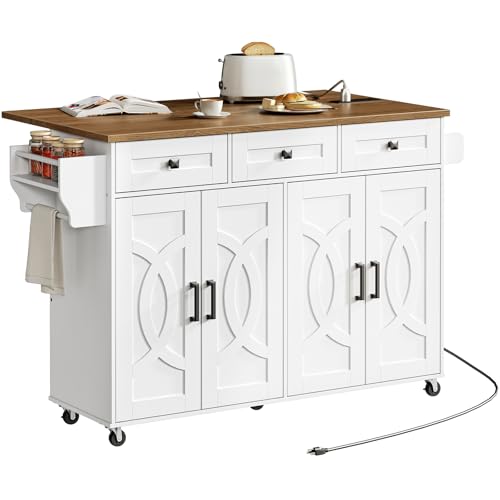 HOOBRO Kitchen Island with Drop Leaf, Rolling Kitchen Island with Storage and Power Outlet, Kitchen Cart with 3 Drawers and Adjustable Shelves, Towel and Spice Rack, for Dining Room, White and Walnut
