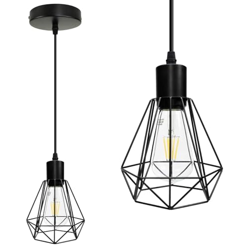 HiBay Pendelleuchte Deckenlampe E27 Hängelampe 1 Flammig Drahtleuchte Retro Hängeleuchte Eisenkäfig Lampenschirm Schwarz für Esstisch Schlafzimmer Max. 60W (Ohne Leuchtmittel), 1er set