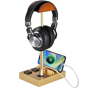 CASTLELIFE Headphone Stand Desktop Gaming Headset Holder with 2 AC Outlets and USB C&A Ports, Charging Station&Phone Stands, Wood Earphone Table Game Accessories for Desktop Gamer, Gold