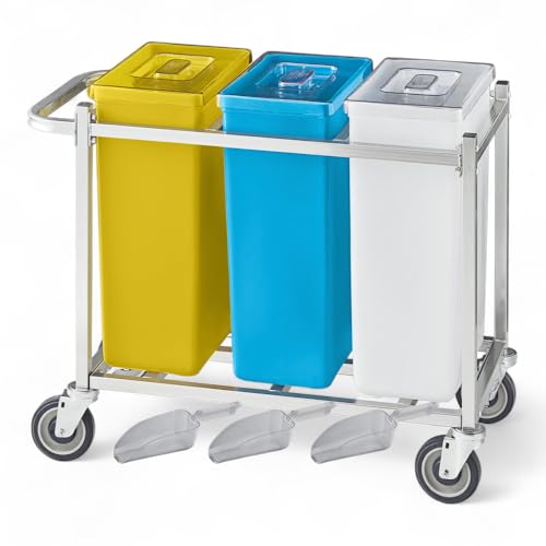 Mix.Home 30-Gallon Mobile Triple Ingredient Bin with 3 Clear 24 oz Scoops – Three Color-Coded Containers on Casters for Kitchen, Bakery, or Food Storage – 480 Cup Capacity (White/Blue/Yellow)