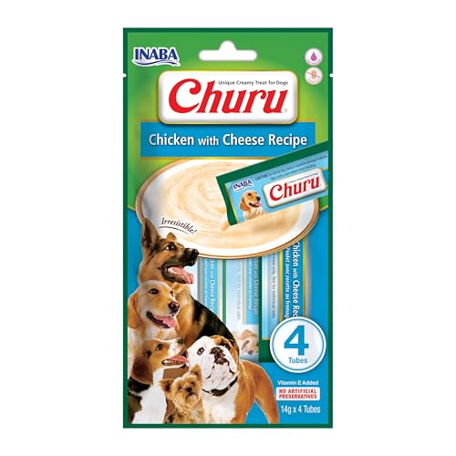 INABA Churu Hundeleckerli Keine Nebenerzeugnisse Creamy Snack Getreidefrei Zuckerfrei Kalorienarm 100% natürliches Fleisch mit Huhn & Käse 56 g (1er Pack)