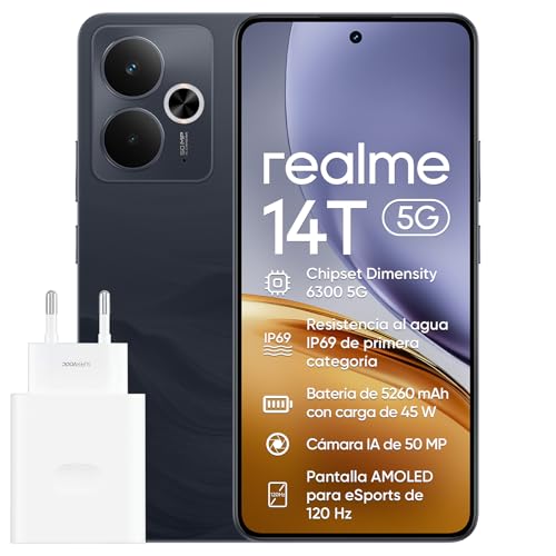 realme 14T 5G, Smartphone de 8+ 256 GB, Dual SIM, Chipset 5G Dimensity 6300, Batería de 5260mAh, Pantalla AMOLED para Esports de 6,67' y 120 Hz, IP69, NFC, Negro Obsidiana (Adaptador de 45 W incluido)