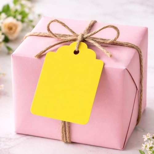Image of CVANU Premium Gift Tags (120 Pcs) - 3 Designs Blank Hanging Tags with Pre-Punched Holes & Golden String for DIY Crafts| Gift Wrapping| Small Business & Labelling (Yellow2)