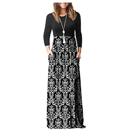 GRECERELLE Women's Long Sleeve Loose Plain Floral Print Maxi Frocks Single Piece Casual Long Dresses Pockets FP-Black White-2XL