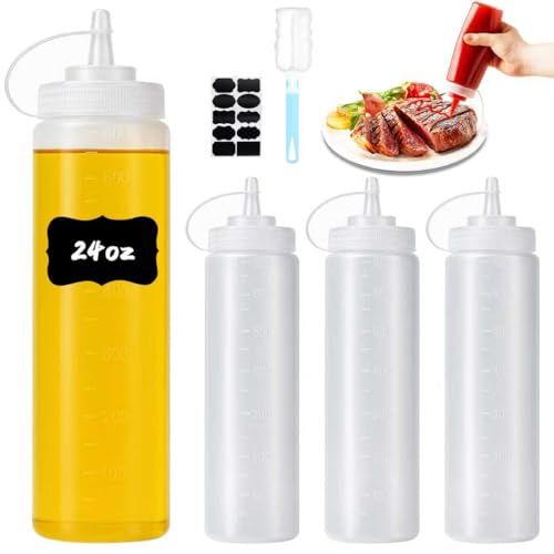 Furuising 4 Piezas Botellas de Salsa, 680ml Squeeze Bottle, Grandes Exprimir Condimento Botellas con Tapas, Biberones de Cocina de Plástico con Cepillo Limpiador, para Salsa de Tomate, Mostaza