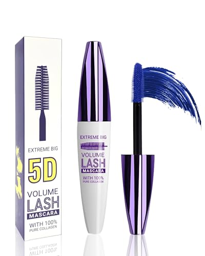 Máscara de Pestañas 5D Azul Waterproof - Volumen Extremo con Fibras Alargadoras, 24H Antimanchas, Uso Diario y Fiestas, Mascara de Pestañas Waterproof para Maquillaje Sensible