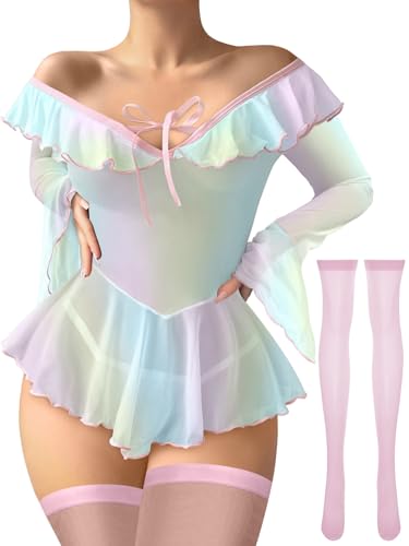 Image of Foxiny Sheer Ruffle Long Sleeve Babydoll Lingerie Dress | Off-shoulder neckline, flared cuffs and a flounce hem add movement; thong and thigh-high stockings complete the 3-piece set