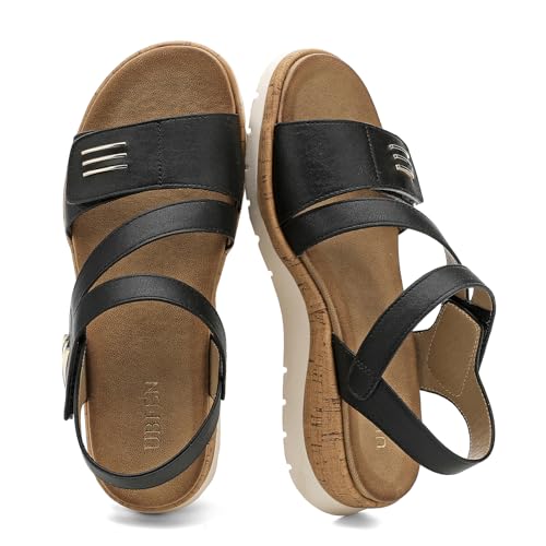 Image of UBFEN Womens Low Wedge Walking Sandals with Arch Support | Open Toe Sandals Adjustable Instep and Ankle Straps for Summer Everyday Outfits, Travel,Vacation