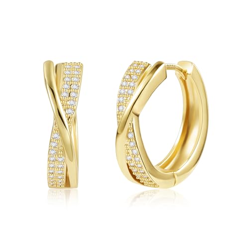 Boucle D'oreille Torsadées Femme Argent 925 Sterling Créoles Doubles Plaqué Or 14K Creoles Petit Acier Inoxydable avec Zircon Hypoallergéniques Boucle Boreille...