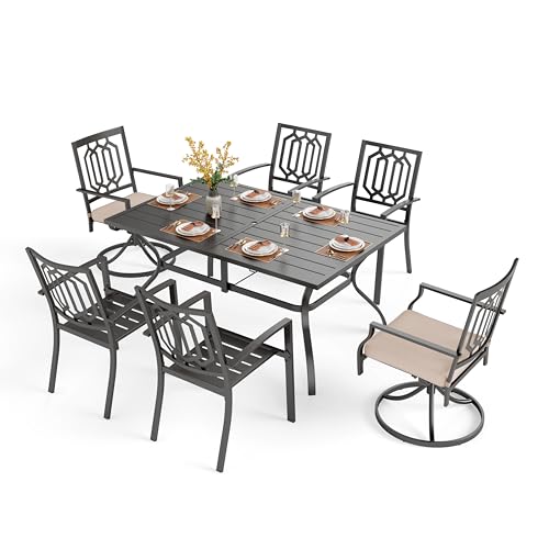 Image of PHI VILLA 7 Pcs Outdoor Dining Set for 6,Metal Table& Fixed Swivel Chairs | 60 inch Black Rectangular Metal Table with Umbrella Hole,Heavy-Duty Furniture for Patio, Deck, Backyard, Porch
