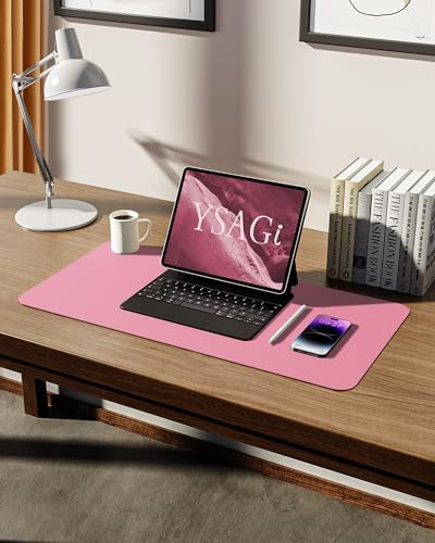 Image of YSAGi Leather Desk Mat, Large Mouse Mat, 60 x 35 cm, Pink | Non-Slip Desk Pad, Keyboard Mat, Waterproof Table Protector Desk Accessories for Office & Home