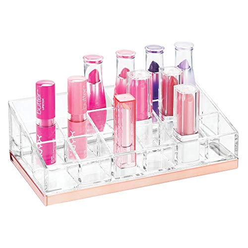 mDesign Plastic Makeup Organizer Storage Tray with 18 Sections for Bathroom Countertops, Vanities to Hold Lipstick, Lip Gloss, Concealers, Mascara, Short Eye and Lip Pencils - Clear/Rose Gold