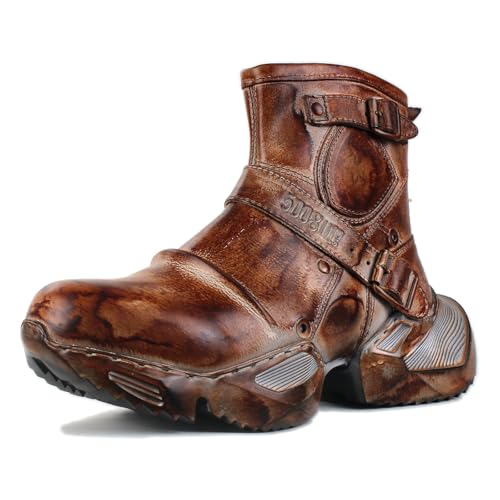 OSSTONE Vintage Fashion Sneakers for Men lace-up Leather Retro Moto Chukka Boots Casual Shoes Caramel Brown OS-5008-S-4-US-R