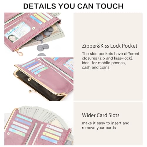 Image of GOIACII Womens Wallet Kiss Lock Bifold Leather Wallets for Women Pink | Vintage Wallet for Women,Ladies Clutch Purse,Women's Card Holder Wallet with Zipper