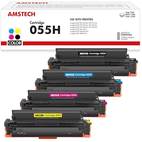 Amstech 055H Compatible Toner Cartridge for Canon 055H 055 High imageCLASS MF744Cdw MF741Cdw MF743Cdw MF745Cdw MF746Cx MF742Cdw LBP663Cdw LBP664Cx MF746Cdw MF740C LBP660C Black Cyan Yellow Magenta