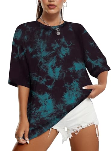 SOFIA'S CHOICE Oversized Tshirts for Women Graphic Tees Short Sleeve Tie Dye Shirt Teal Green Small