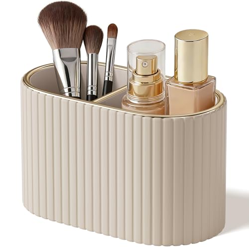 KINGFOM Makeup Brush Holder Elegant Makeup Brush Organiser with 2 Compartments PU Leather Makeup & Brush Holder for Vanity Bathroom or Bedroom (Beige)