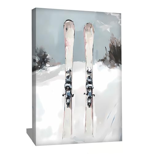 Quadro da sci in montagna, stampa su tela, inverno, decorazione per interni, chalet, poster decorazione da parete, montagna, tavolo invernale con cornice, stampa su tela bianca (60 x 40 cm)