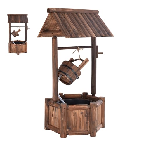 SOARS Fontaine Exterieure de Jardin 58 X 58 X 114 CM, Puit Decoration Jardin en Bois de Sapin avec Toit pour l'Extérieur, Seau Réglable en Hauteur, pour Cour, Pelouse, Jardin (58 X 58 X 114 CM)