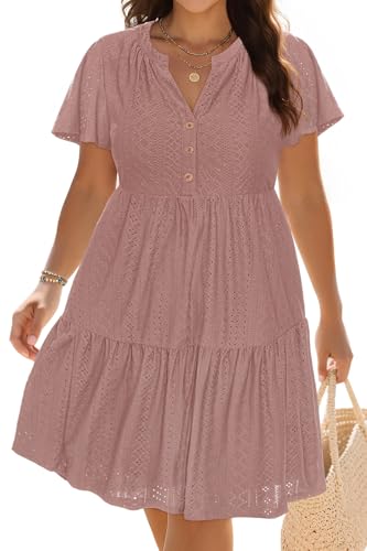 Image of Plus Size Summer Dress Casual Short Sleeve Button Midi Sun Dresses Women