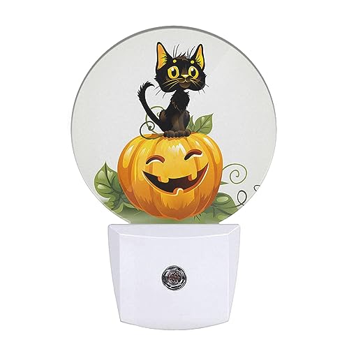 Image of Plug in Nightlight Thanksgiving Harvest Cat Sit on Pumpkin Night Light Cute Black Cat Kitten Funny Pumpkin Plug-in Nightlight Auto On /Off for Men Women Boys Girls, LEDLAMP3016