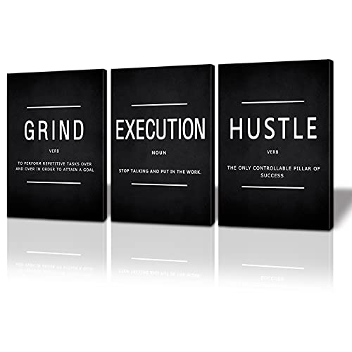 BWSPACE Motivational Wall Decor Grind Hustle Execution Wall Art Office Wall Decor Posters for Men 3 Pieces Framed Canvas Wall Prints Artwork Home Gym Bedroom Ready to Hang
