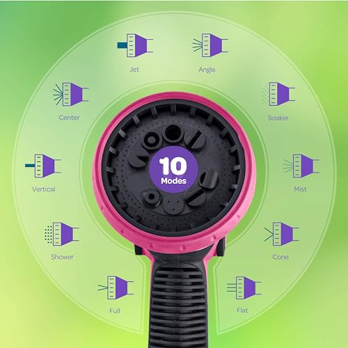 Image of Hose Nozzle [Pink] Heavy Duty Hose Sprayer With 10 Adjustable Watering Patterns. Thumb Control Design, Comfortable Ergonomic Grip, Garden Hose Nozzle for Watering Plants & Lawns /Fun showers /Cleaning