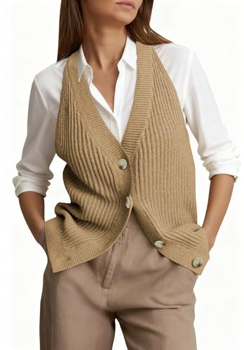 Image of Women Button Front Sweater Vest Sleeveless Cardigan Vest Knit Button Down Sweater Tank Top Brown M