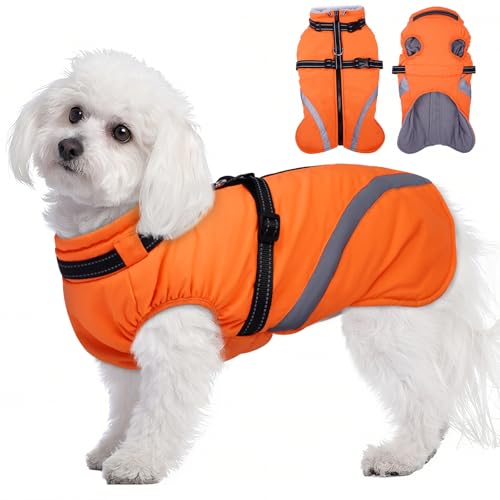 Image of BRKURLEG Dog Winter Jackets for Small Dogs, Dog Coat with Harness Built in, Dogs Snowsuits with Zipper, Waterproof Windproof Pet Puffer Jacket Fleece Vest for Chihuahua, Yorkie, Orange XS