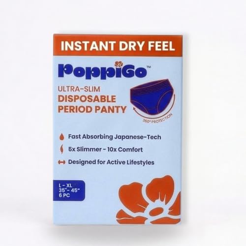 Image of Poppigo Ultra-Slim Disposable Period Panty for Women & Girls |L-XL | 35 inch -45 inch| 6 Pants | Slim Like Underwear | Leak-Proof | Soft Breathable | Comfort for Travel, Sleep & Active days.