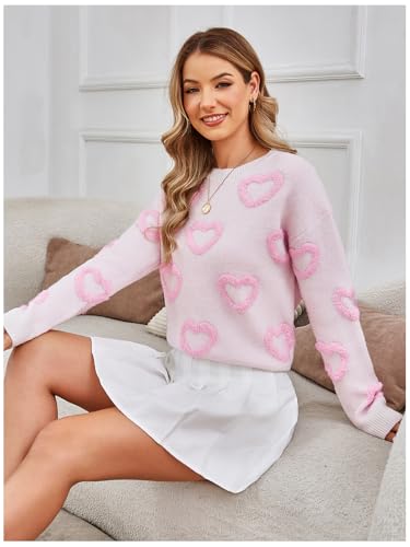 Image of RoseSeek Women's 3D Floral Appliques Crewneck Sweaters Long Sleeve Drop Shoulder Pullovers Elegant Knit Tops