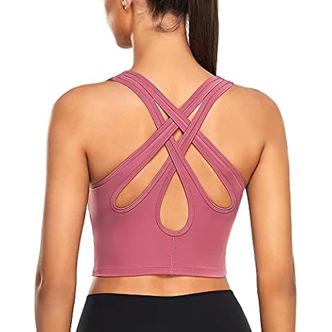 CYDREAM Women Sports Bra Criss Cross Back Strappy Longline Yoga Crop Top Medium Support Padded Wirefree Workout Camisole, Bean Pink, L Cover