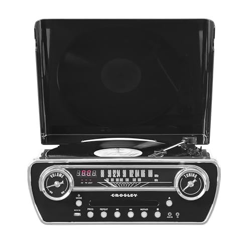 Image of Crosley CR6047A-BK Powel 7-in-1 Bluetooth in /Out Vinyl Record Player with AM /FM Radio, CD Player, and Aux-in, Black