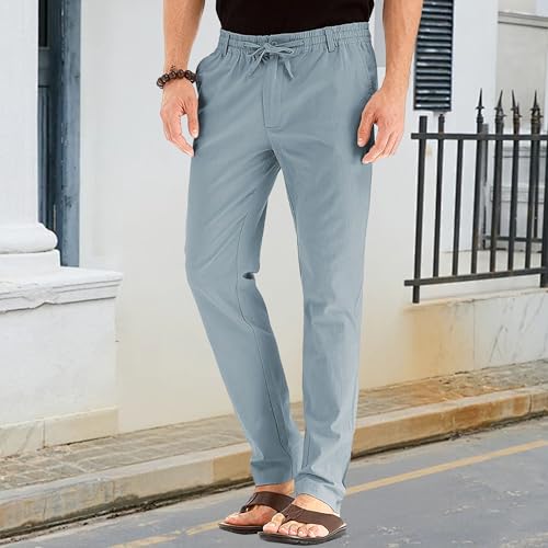Men's Linen Pants Drawstring Elastic Waistband Lightweight Casual Loose Fit Summer Beach Wear for Men4