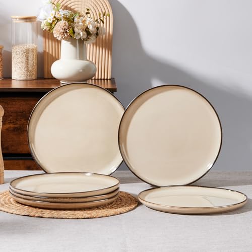 Image of E-far 10.5 inch Ceramic Dinner Plates Set of 6, Large Reactive Glaze Stoneware Dishes, Round Salad Plate for Home Kitchen Restaurant, Microwave & Dishwasher Safe - Sandy Beige