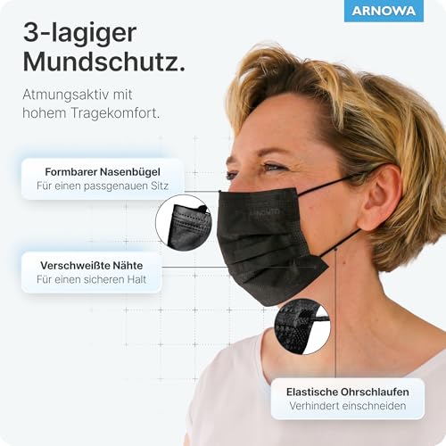 ARNOMED 50x Medizinische Mundschutzmaske Schwarz, CE Zertifizierte Op Maske, Medical Face Mask, Schutzmaske Mund & Nase, Einwegmasken, Chirugischer Mundschutz, Klinische Gesichtsmasken