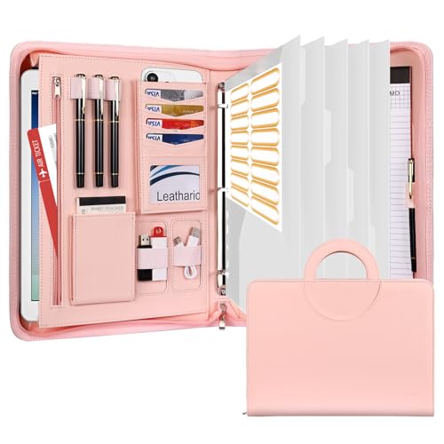 Leathario Portfolio Binder, Includes 5 Folder Index Dividers, 13 Inch Tablets Organizer with Handle, Vegan Leather A4 Padfolio, Multi-Pocket Notepad Business Planner Professional Document