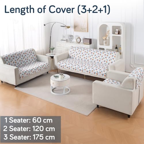 Image of HOKIPO Abstract Petals Quilted Sofa Cover 6 Seater with Tassels Set - Washable 3+2+1 Sofa Panel for Seat & Back | 'Tassel Twigs' Series (IN-991-T10+ IN-990-T10 + IN-989-T10)
