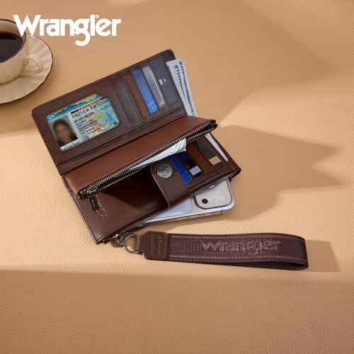 Image of Montana West X Wrangler Brown Wristlet Wallet Minimalist Clutch Womens Wallet Rfid Card Cases & Money Organizers with Coin Purse and Smooth Zipper