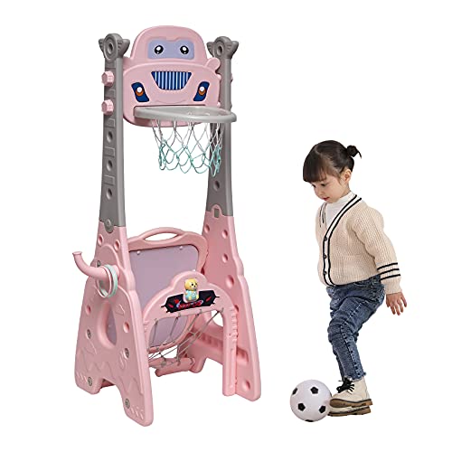 Image of Kinsuite 7 in 1 Kids Adjustable Basketball Hoop Set Stand with Football/Soccer Goal Ring Toss Dart Board Drawing Board Music Box Golf Game for Baby Infants Toddler (Pink)
