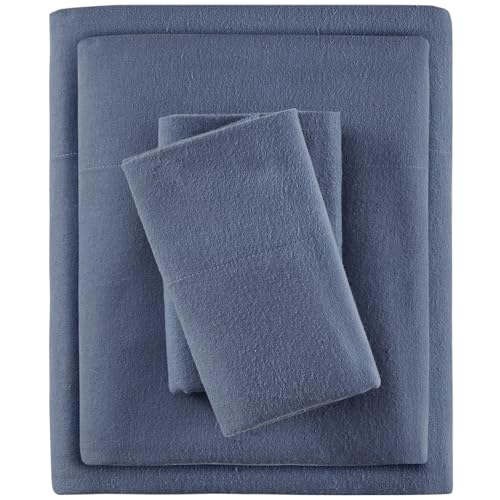 True North by Sleep Philosophy Cozy Flannel Warm 100% Cotton Sheet - Novelty Print Animals Stars Cute Ultra Soft Cold Weather Bedding Set, King, Blue Solid 4 Piece