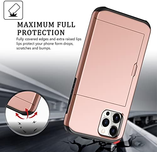 Coolden for iPhone 13 Pro Max Case Wallet Case Armor Shockproof Case Heavy Duty Protective Case Hard Back Soft TPU Bumper Card Holder Wallet Case Cover for iPhone 13 Pro Max Phone Case (Rose Gold)